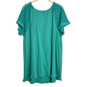 Bad Little Country Girl Womens Linen Blend Blouse XL Teal Crochet Sleeve Western